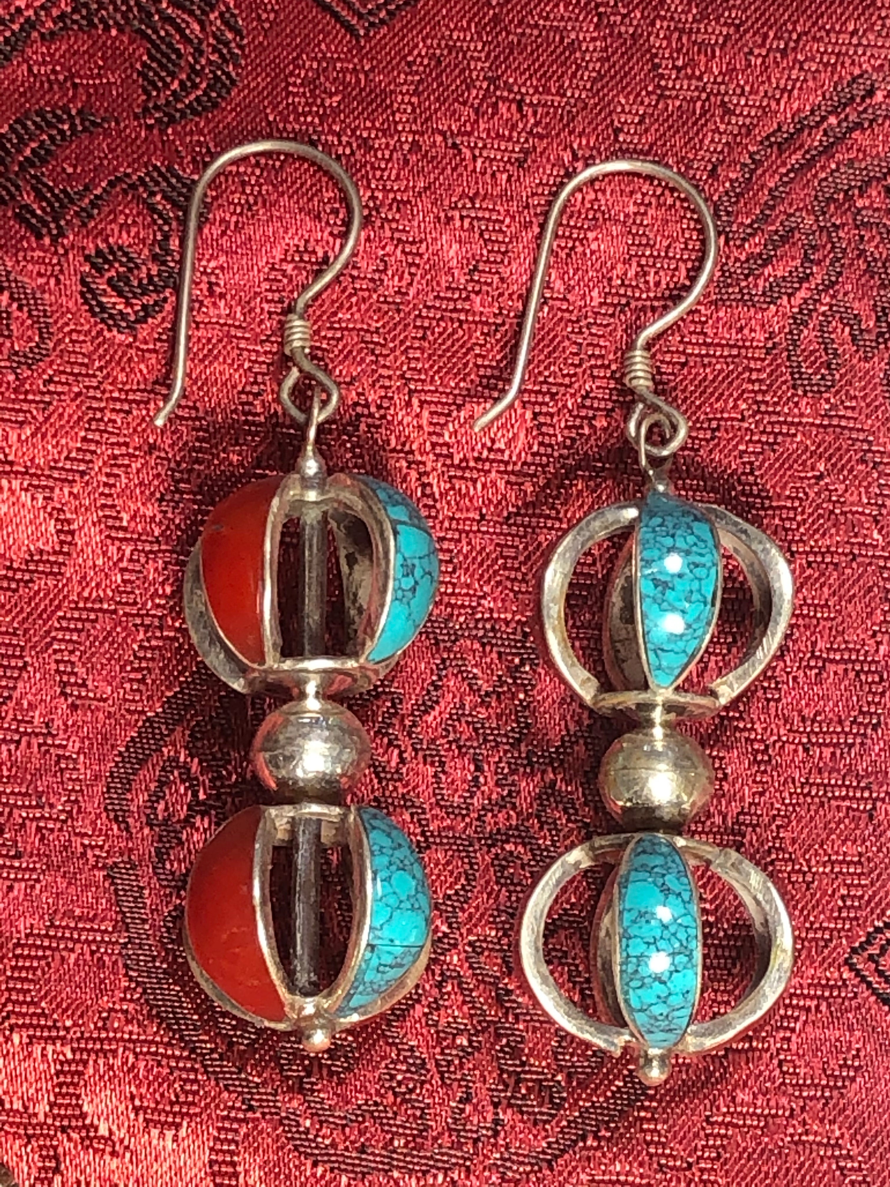 Coral Turquoise Silver Vajra/Dorje Earrings(TGSE 108)