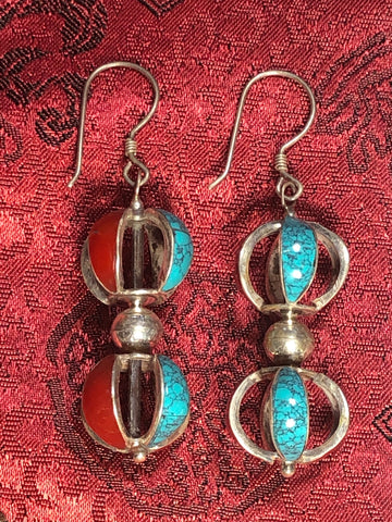 Coral Turquoise Silver Vajra/Dorje Earrings(TGSE 108)