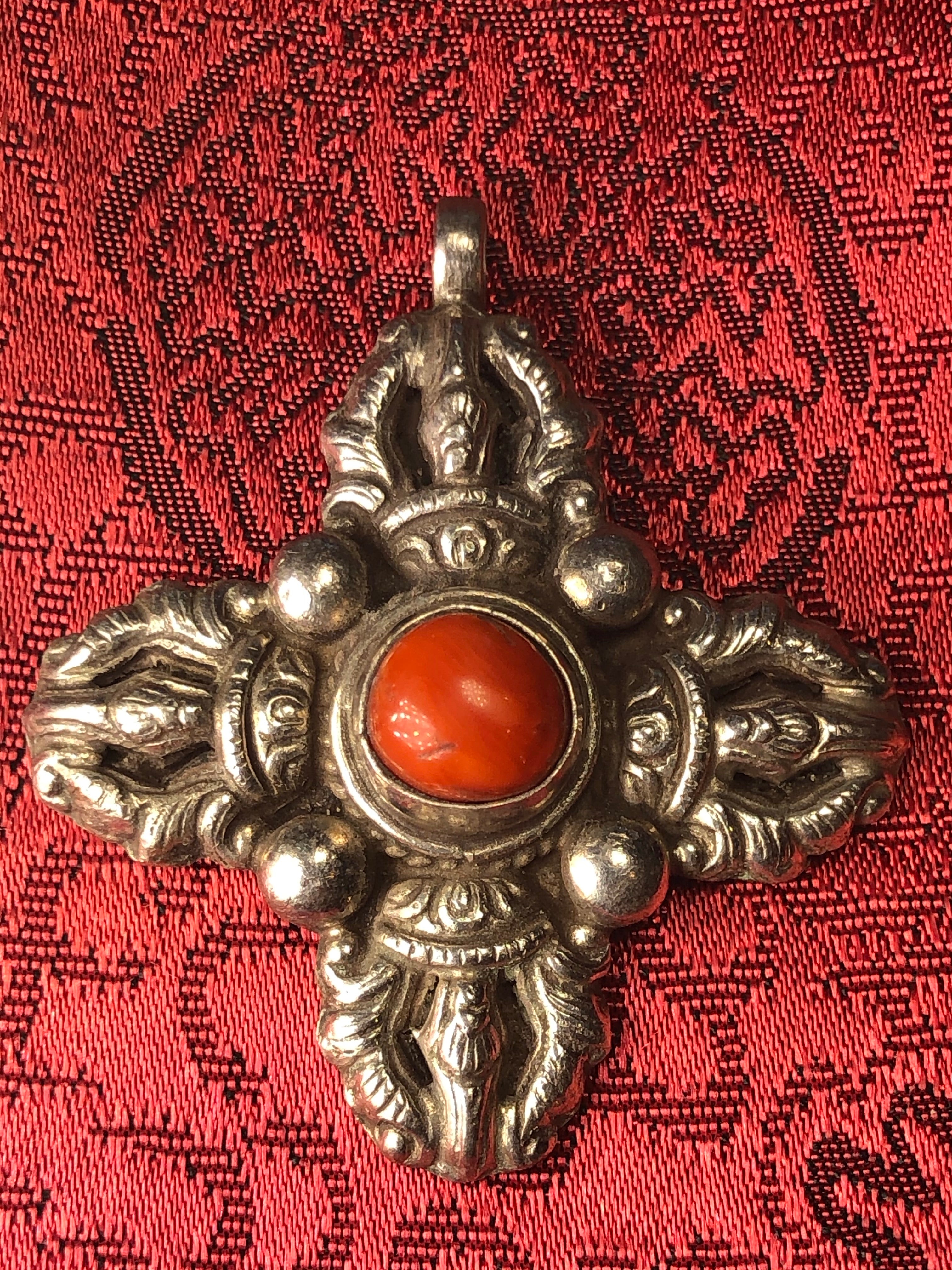 Silver Coral Double Vajra/Dorje Pendant(TGSP 58)