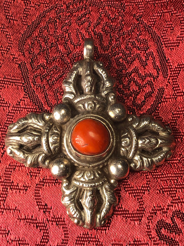 Silver Coral Double Vajra/Dorje Pendant(TGSP 58)