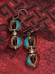 Coral Turquoise Silver Vajra/Dorje Earrings(TGSE 108)