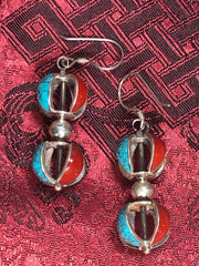 Coral Turquoise Silver Vajra/Dorje Earrings(TGSE 108)